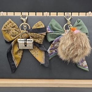 Elegant Gold and Green Bow Keychain Set